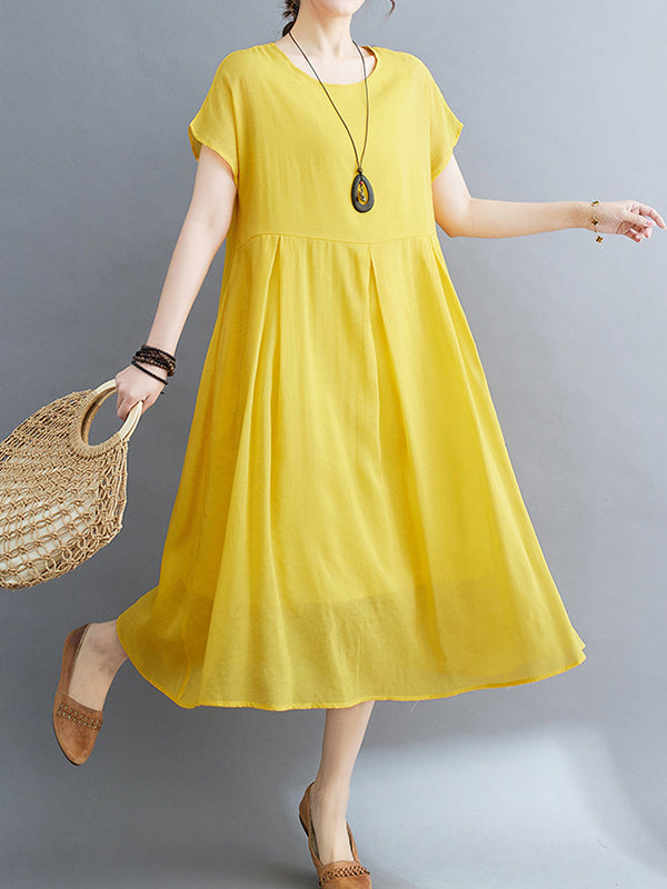 xakxx Loose Short Sleeves Solid Color Split-Joint Round-Neck Midi Dresses
