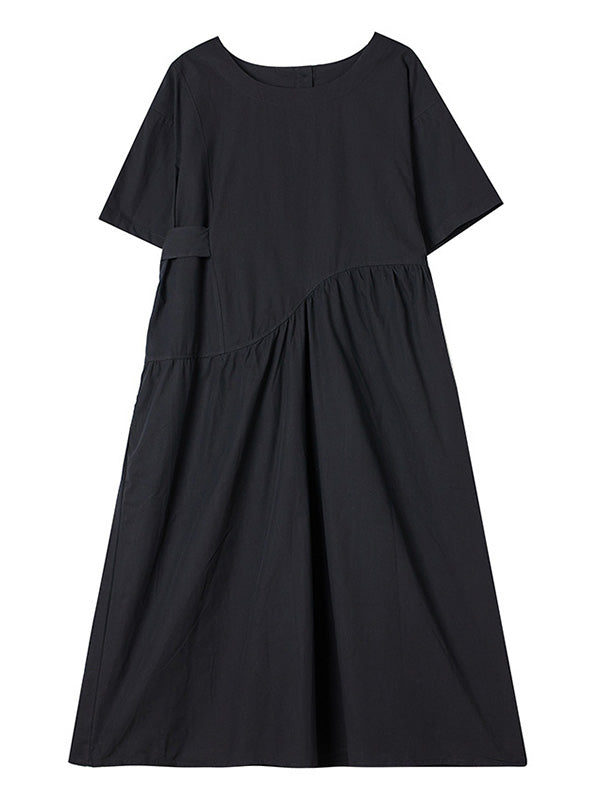 xakxx Casual Half Sleeves Loose Solid Color Round-Neck Midi Dresses