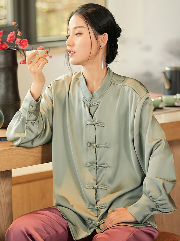 xakxx Vintage Long Sleeves Loose Buttoned Solid Color Stand Collar Blouse Top