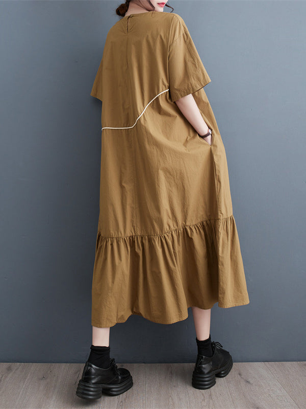 xakxx Loose Short Sleeves Pleated Split-Joint Round-Neck Midi Dresses