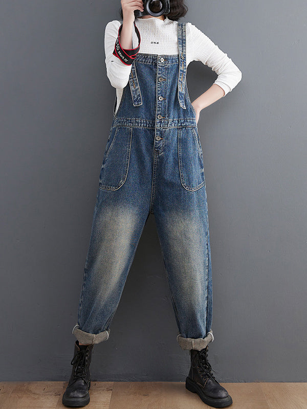 xakxx Artistic Retro Loose Solid Color Denim Overalls