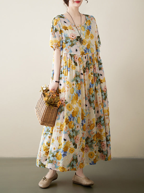 xakxx A-Line Loose Floral Printed Round-Neck Midi Dresses