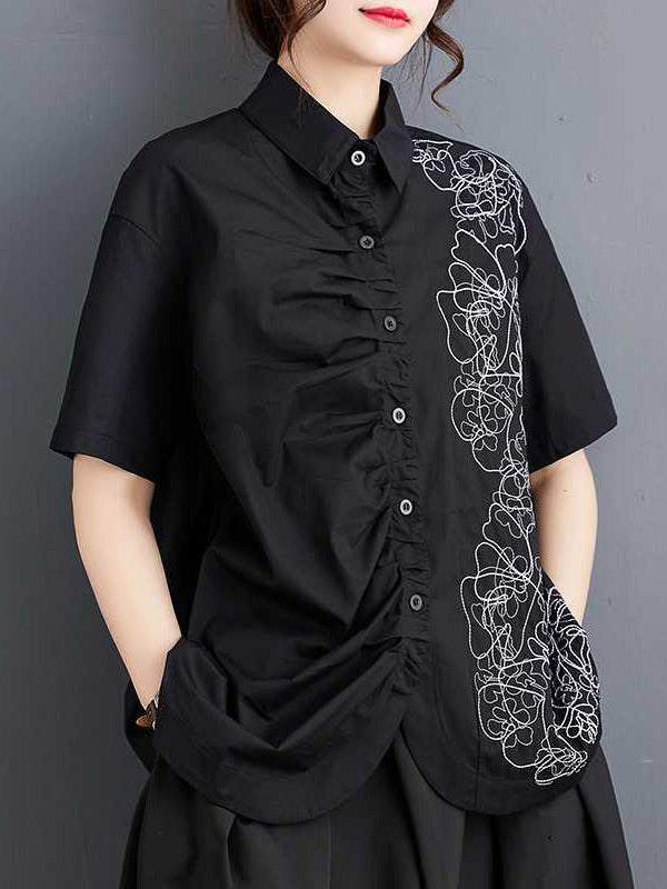 xakxx Irregularity Loose Buttoned Embroidered Pleated Lapel Collar Blouses&Shirts Tops