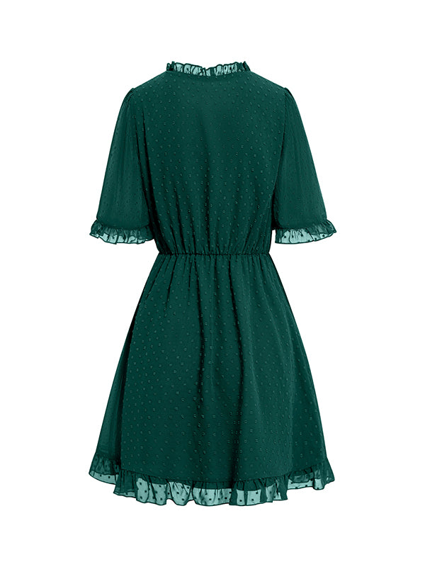 xakxx A-Line Loose Jacquard Ruffled Solid Color V-Neck Mini Dresses