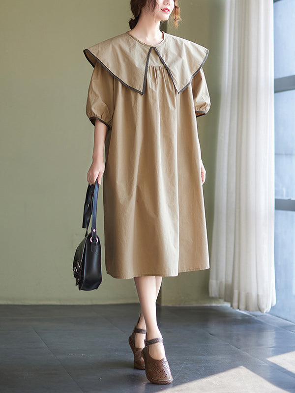 xakxx Loose Short Sleeves Pleated Split-Joint Peter Pan Collar Midi Dresses