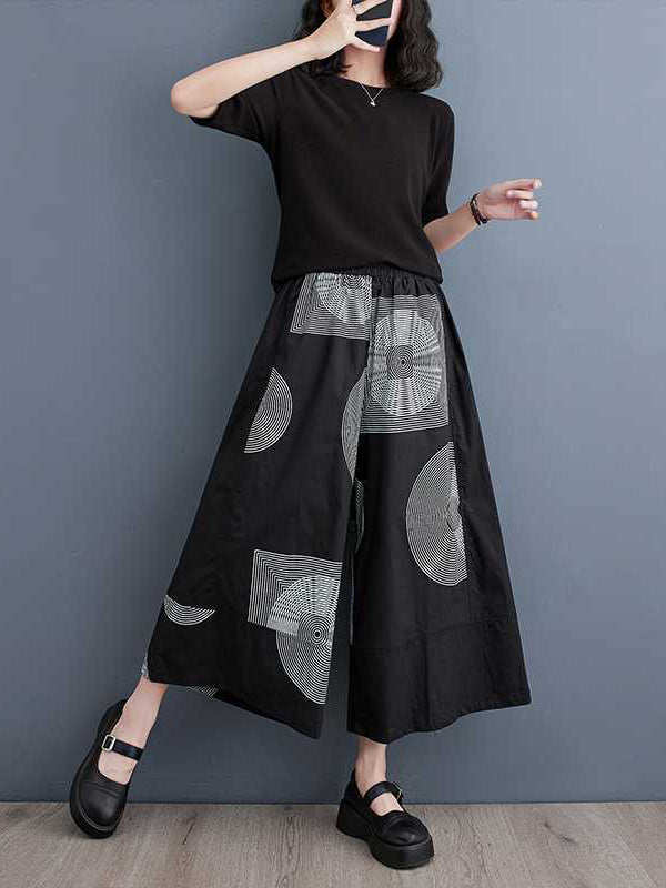 xakxx High Waisted Loose Elasticity Printed Cropped Trousers Pants