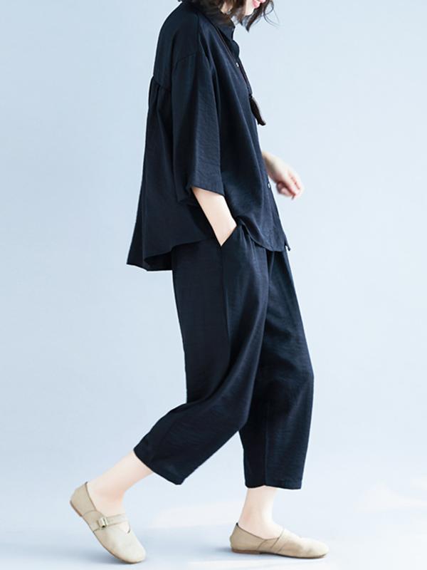 xakxx Two-Pieces Black Loose Shirt And Ninth Pants Suit
