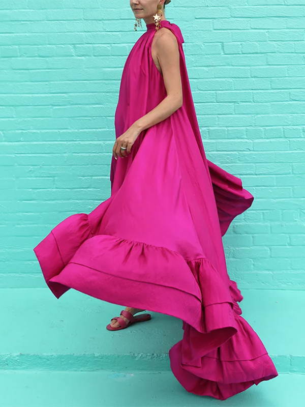 xakxx Loose Sleeveless Falbala Solid Color Stand Collar Maxi Dresses