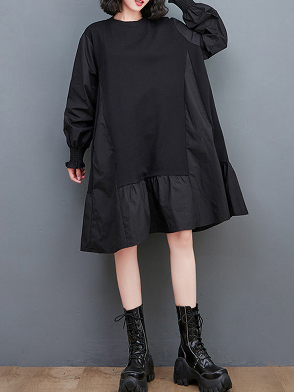 xakxx Loose Puff Sleeves Pleated Solid Color Split-Joint Round-neck Midi Dresses