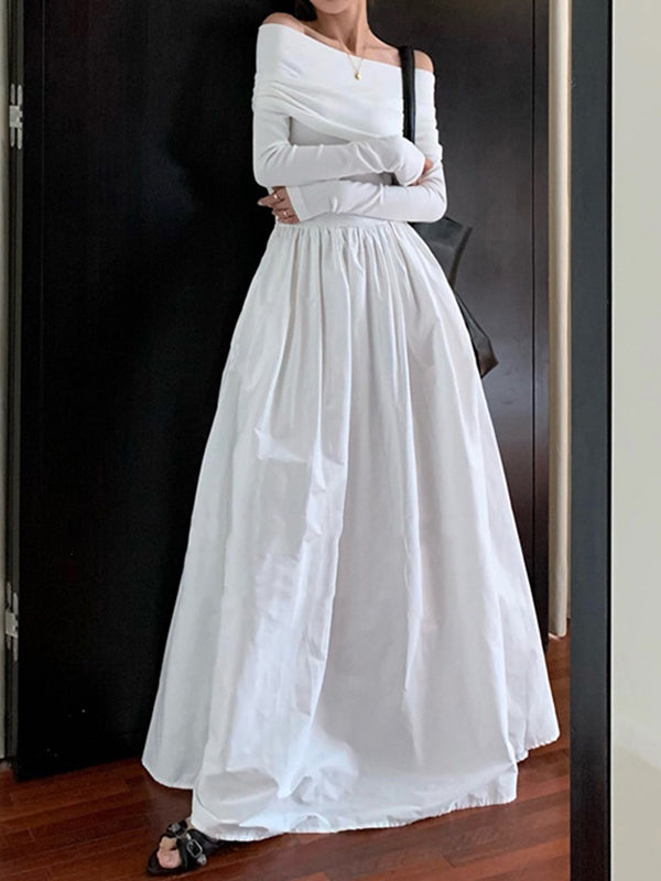 xakxx Long Sleeves Pleated Solid Color Split-Joint Off-The-Shoulder Maxi Dresses
