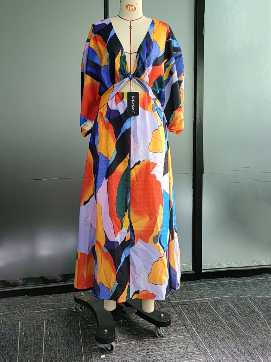 xakxx Original Puff Sleeves Loose Contrast Color Printed Deep V-Neck Maxi Dresses