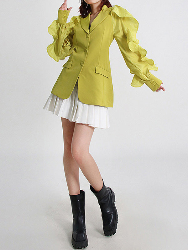 xakxx Long Sleeves Loose Buttoned Pockets Ruffled Split-Joint Notched Collar Blazer Outerwear