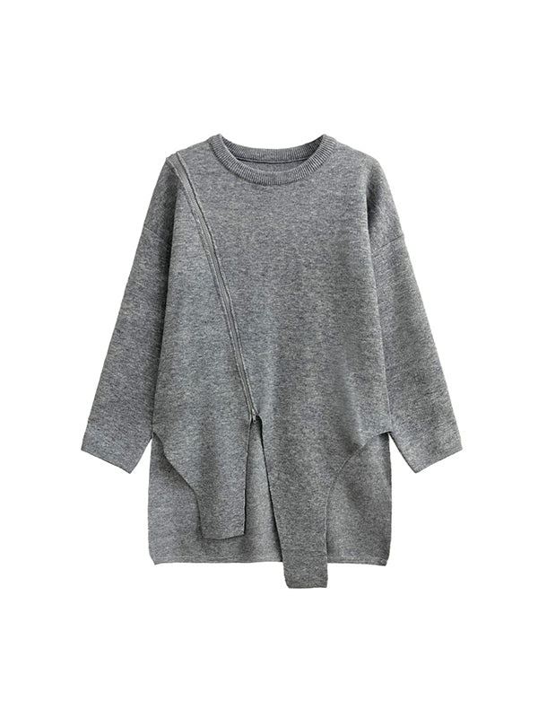 xakxx High-Low Long Sleeves Asymmetric Solid Color Zipper Round-Neck Pullovers Sweater Tops