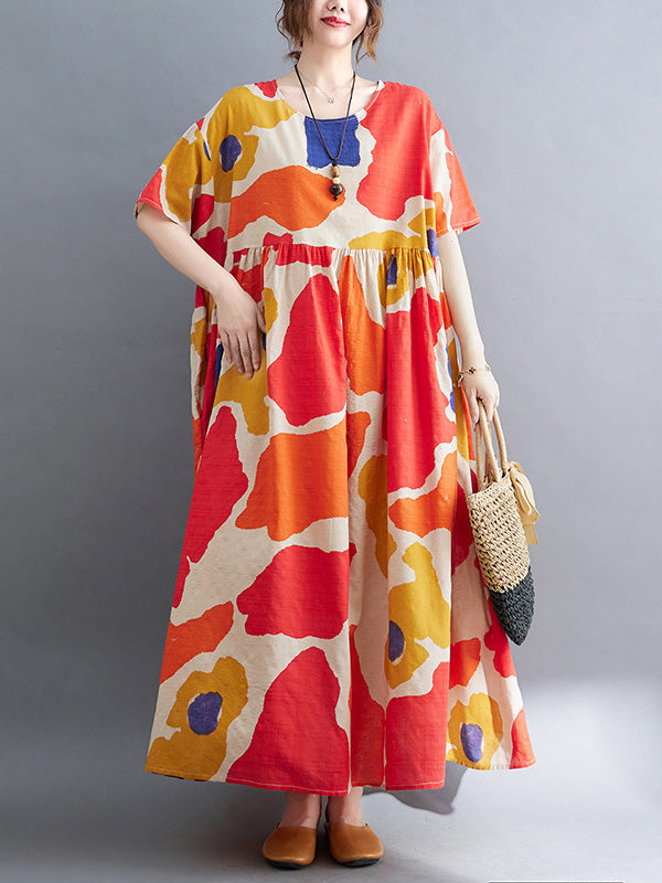 xakxx Artistic Retro Short Sleeves Loose Contrast Color Printed Round-Neck Midi Dresses