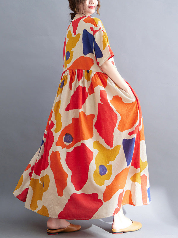 xakxx Artistic Retro Short Sleeves Loose Contrast Color Printed Round-Neck Midi Dresses