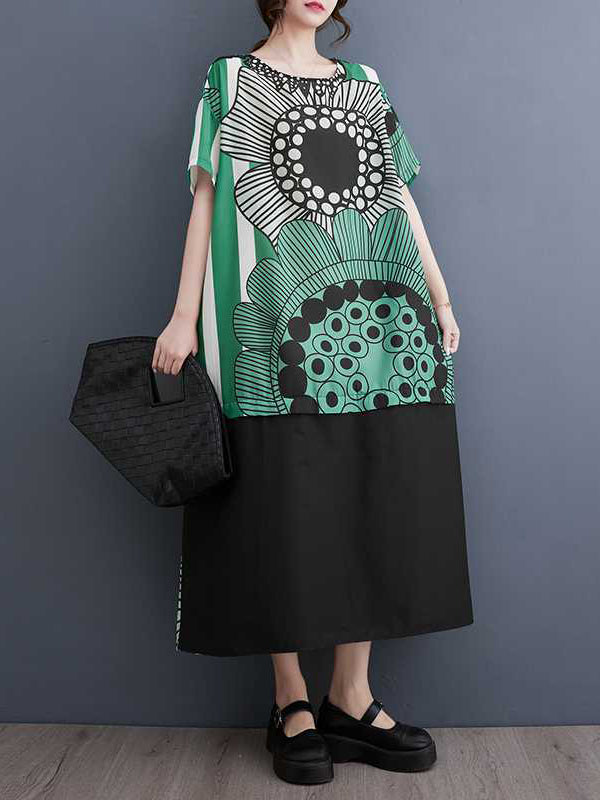 xakxx A-Line Loose Flower Print Pockets Split-Joint Round-Neck Midi Dresses