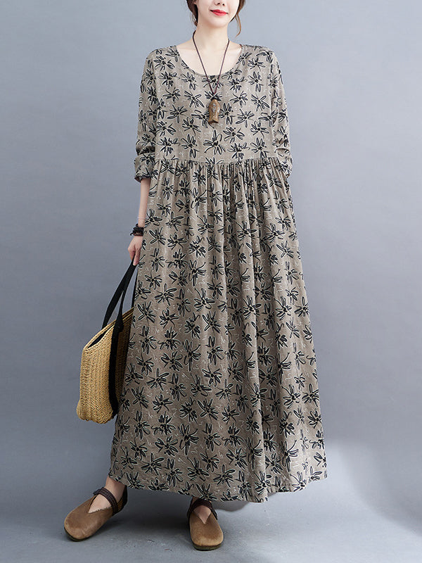 xakxx Artistic Retro Long Sleeves Loose Floral Printed Round-Neck Midi Dresses