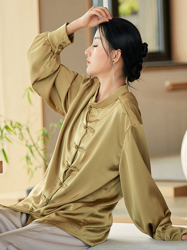 xakxx Vintage Long Sleeves Loose Buttoned Solid Color Stand Collar Blouse Top