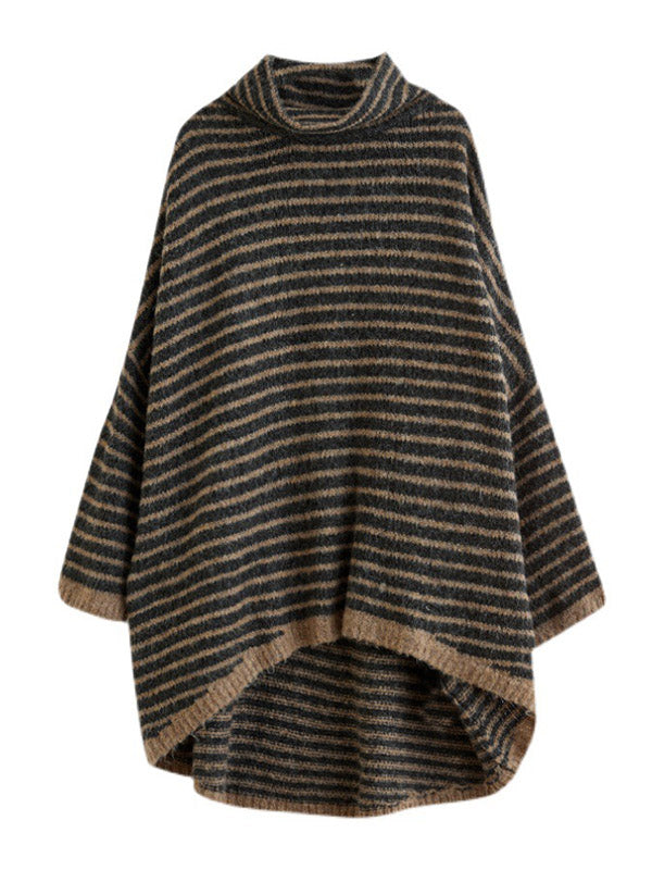 xakxx xakxx-Loose Striped High-Low Heaps Collar Long Sleeves Knitwear