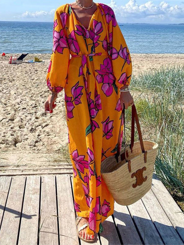 xakxx A-Line Long Sleeves Flower Print Pockets Tied Waist V-Neck Maxi Dresses