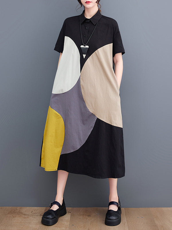 xakxx Loose Oversize Color-Block Contrast Color Split-Joint Lapel Midi Dresses Shirt Dress