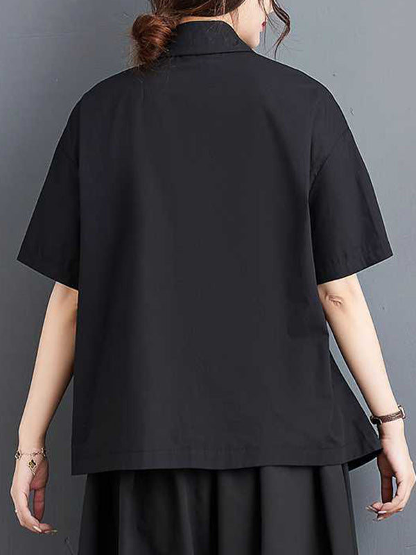 xakxx Irregularity Loose Buttoned Embroidered Pleated Lapel Collar Blouses&Shirts Tops