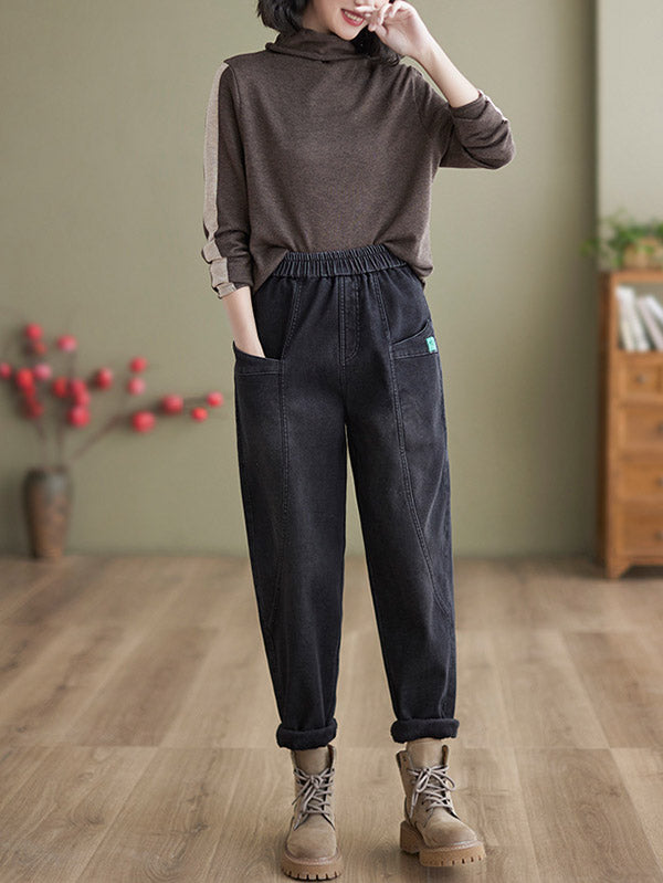 xakxx Casual Loose Velvet Solid Color With Pockets Harem Jean Pants Bottoms