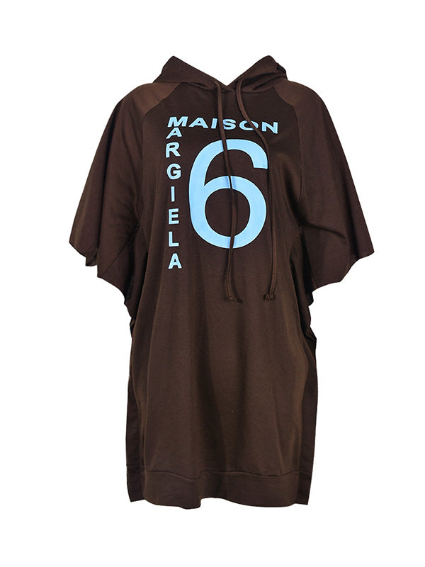 xakxx A-Line Batwing Sleeves Drawstring Letter Print Hooded Mini Dresses