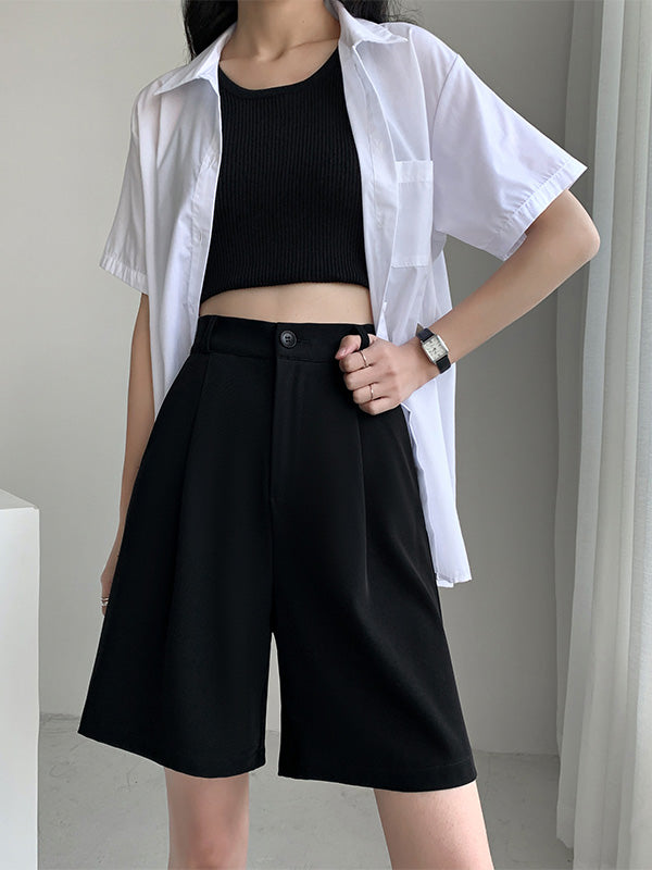 xakxx Stylish Solid Color High Waisted A-Line Wide Leg Trousers