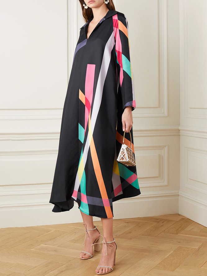 xakxx Stylish Irregularity Long Sleeves Contrast Color Striped V-Neck Midi Dresses