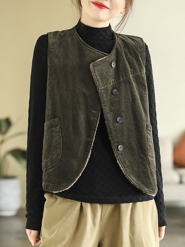 xakxx Vintage Sleeveless Loose Buttoned Split-Joint Solid Color Round-Neck Vest Outerwear