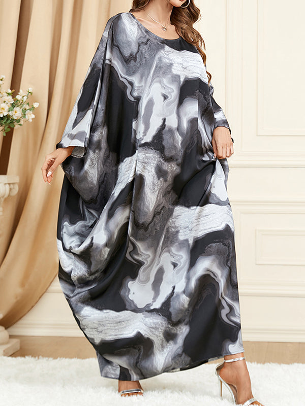 xakxx Batwing Sleeves Long Sleeves Contrast Color Printed Round-Neck Maxi Dresses