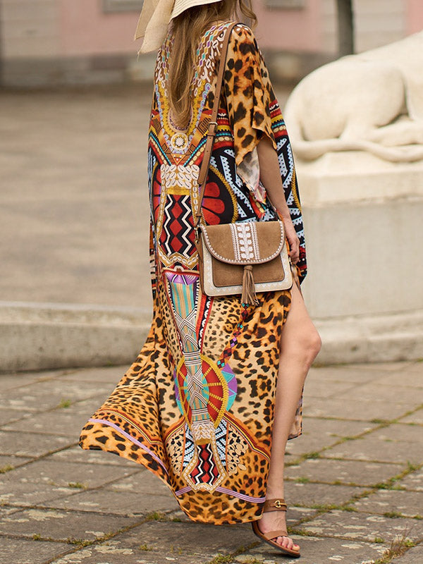 xakxx Batwing Sleeves Loose Leopard Printed Split-Side V-Neck Beach Cover-Up Maxi Dresses