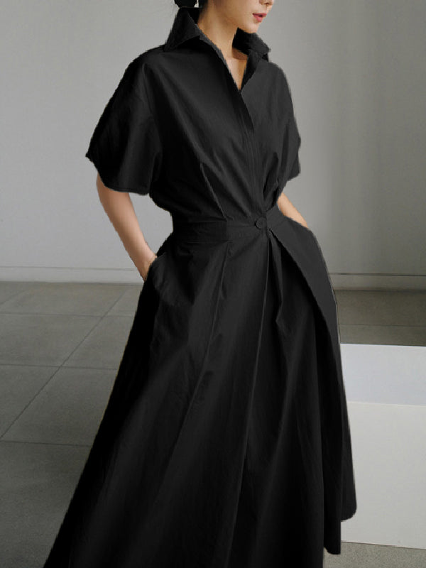 xakxx High Waisted Loose Pleated Solid Color V-Neck Midi Dresses