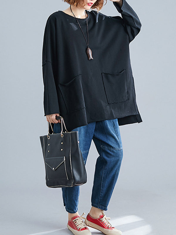 xakxx High-Low Long Sleeves Pockets Solid Color Split-Joint Split-Side Round-Neck Sweatshirt Tops
