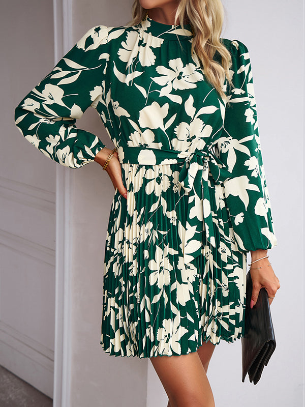 xakxx High Waisted Long Sleeves Flower Print Pleated Tied Waist Mock Neck Mini Dresses