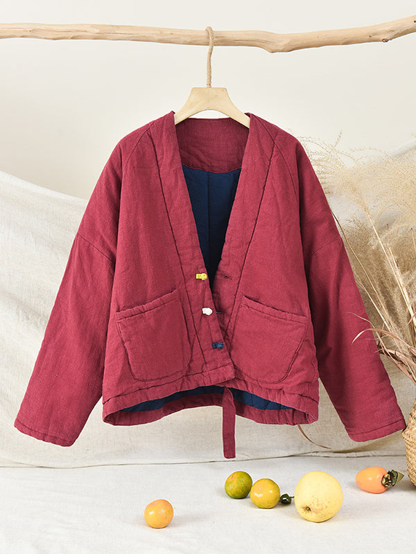 xakxx Vintage Loose Long Sleeves Keep Warm V-Neck Padded Coat