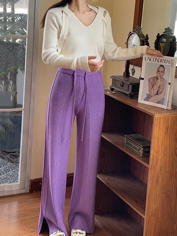 xakxx High Waisted Loose Drawstring Solid Color Split-Side Velvet Pants Trousers
