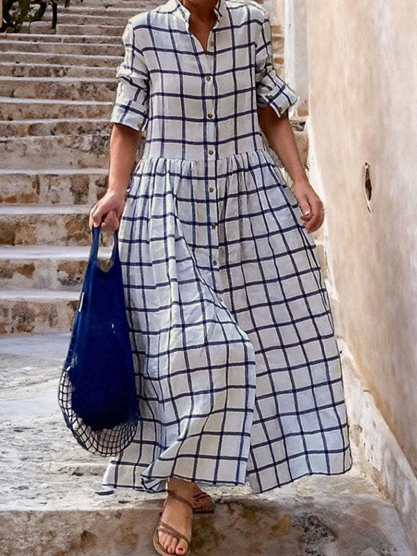 xakxx Long Sleeves Loose Buttoned Plaid Split-Joint Stand Collar Maxi Dresses