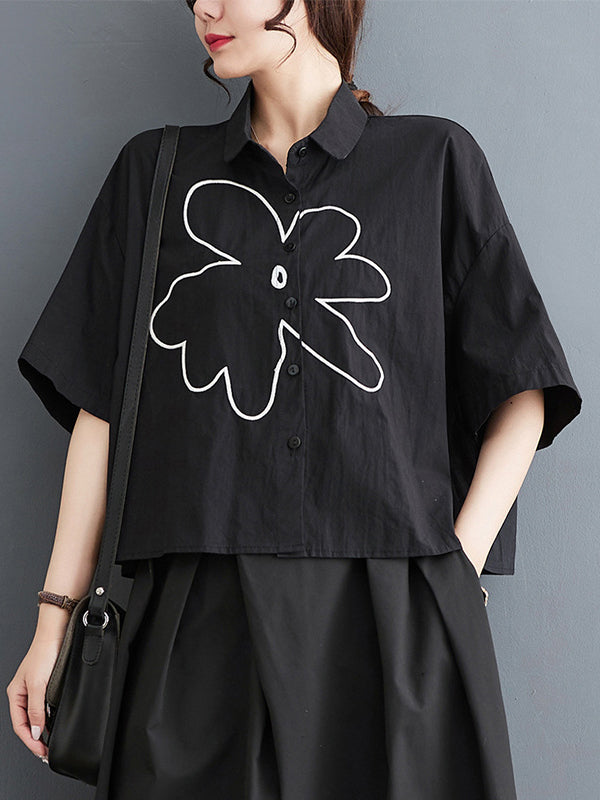 xakxx Loose Short Sleeves Floral Printed Lapel Blouses