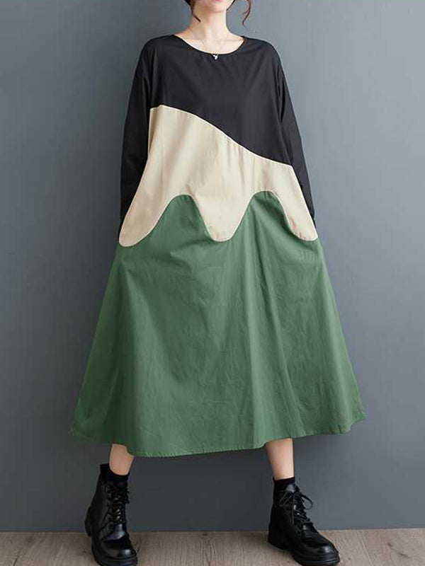 xakxx A-Line Long Sleeves Contrast Color Round-Neck Midi Dresses