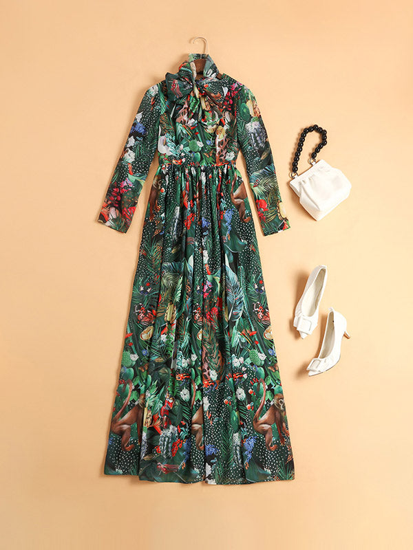 xakxx High Waisted Long Sleeves Bowknot Elasticity Flower Print Zipper Round-Neck Maxi Dresses