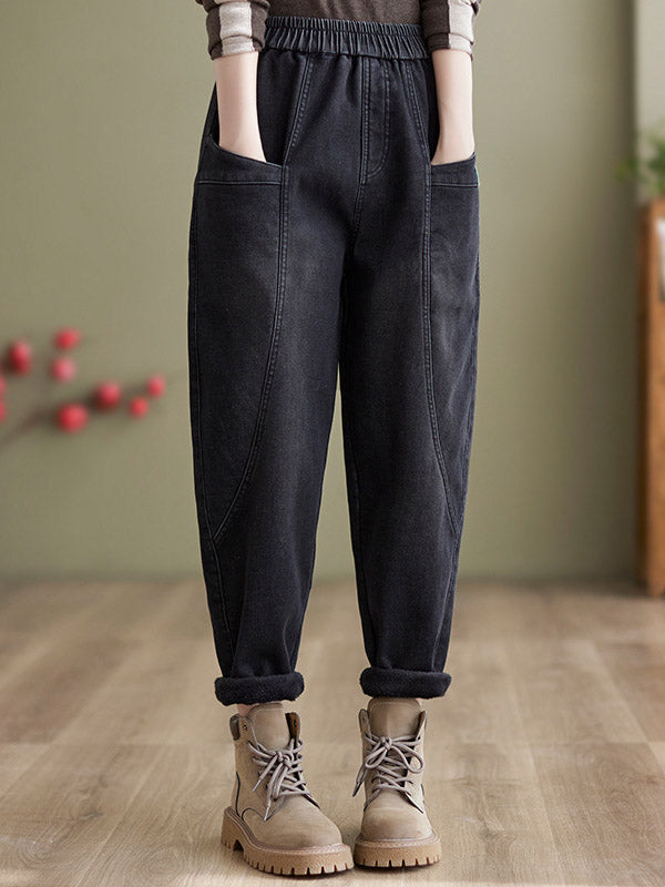 xakxx Casual Loose Velvet Solid Color With Pockets Harem Jean Pants Bottoms