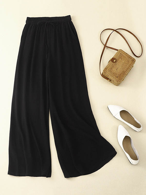 xakxx Loose Wide Leg Drawstring Solid Color Casual Pants Bottoms Trousers