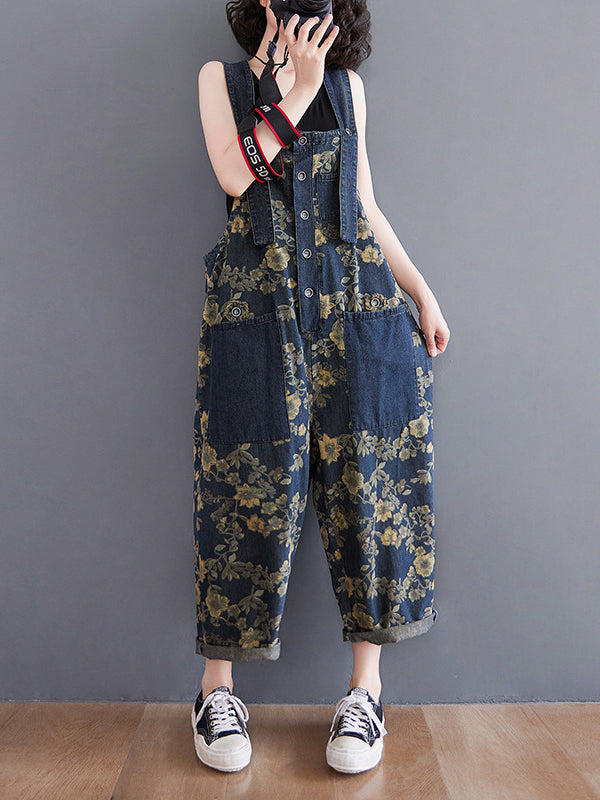 xakxx Oversize Floral Printed Denim Overalls