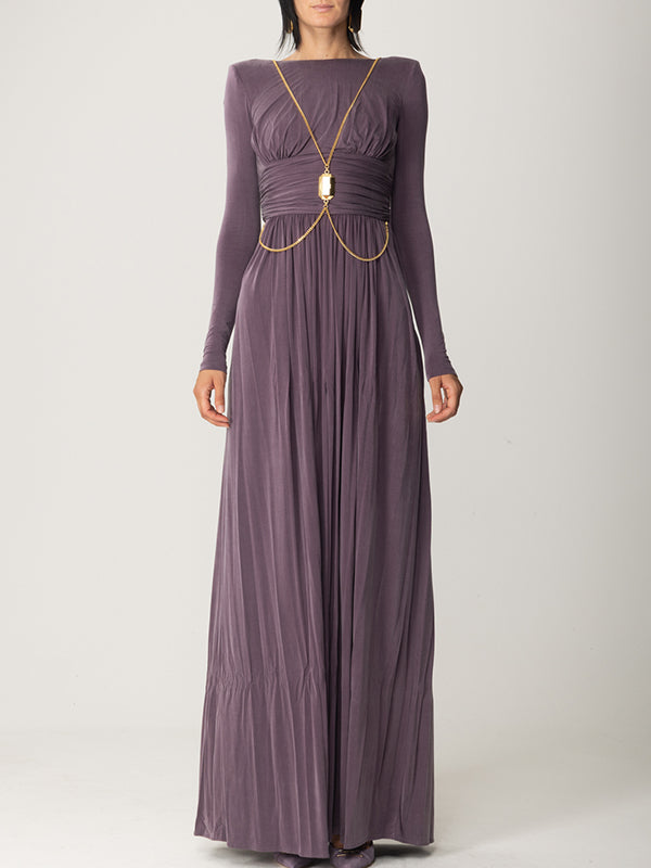 xakxx Long Sleeves Backless No Body Chain Pleated Solid Color Tied Waist Maxi Dresses