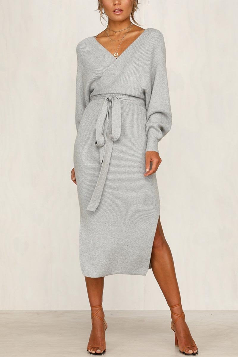 Xakxx V Neck Backless Sweater Dress(5 Colors)