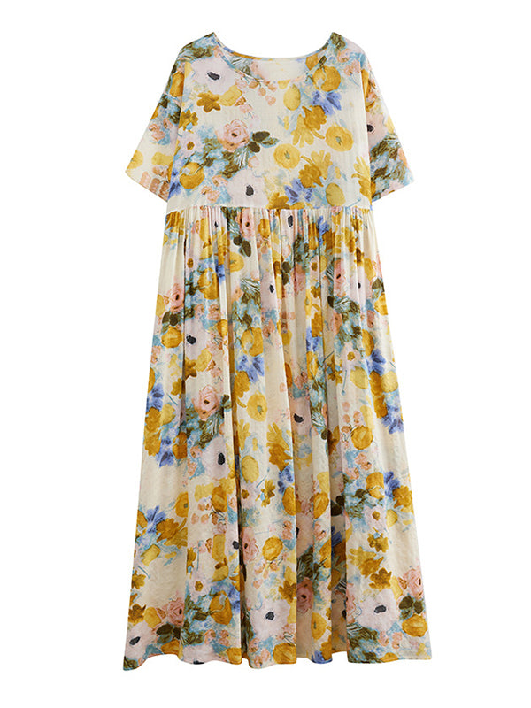 xakxx A-Line Loose Floral Printed Round-Neck Midi Dresses