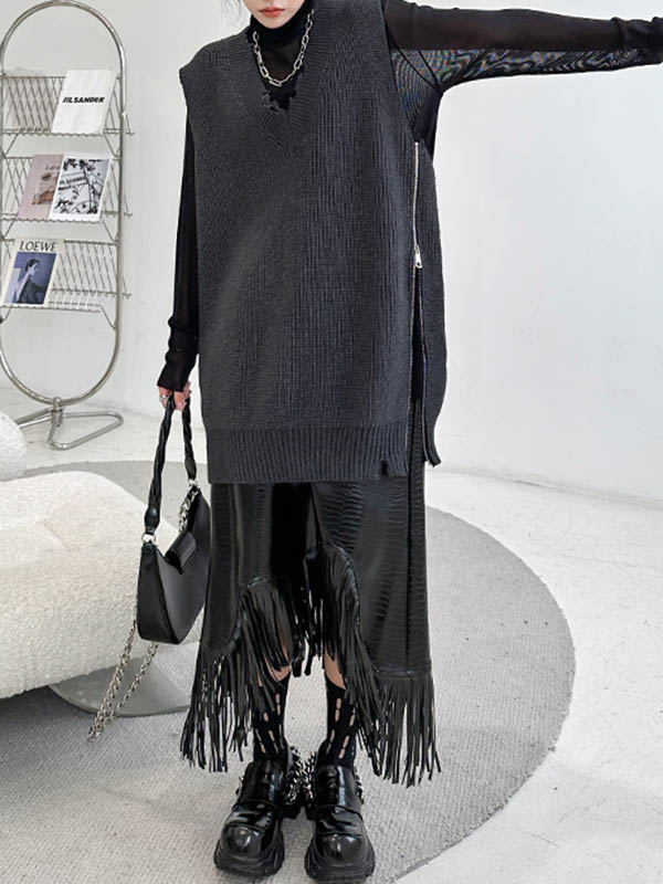 xakxx Loose Sleeveless Asymmetric Split-Side Zipper V-Neck Vest Outerwear