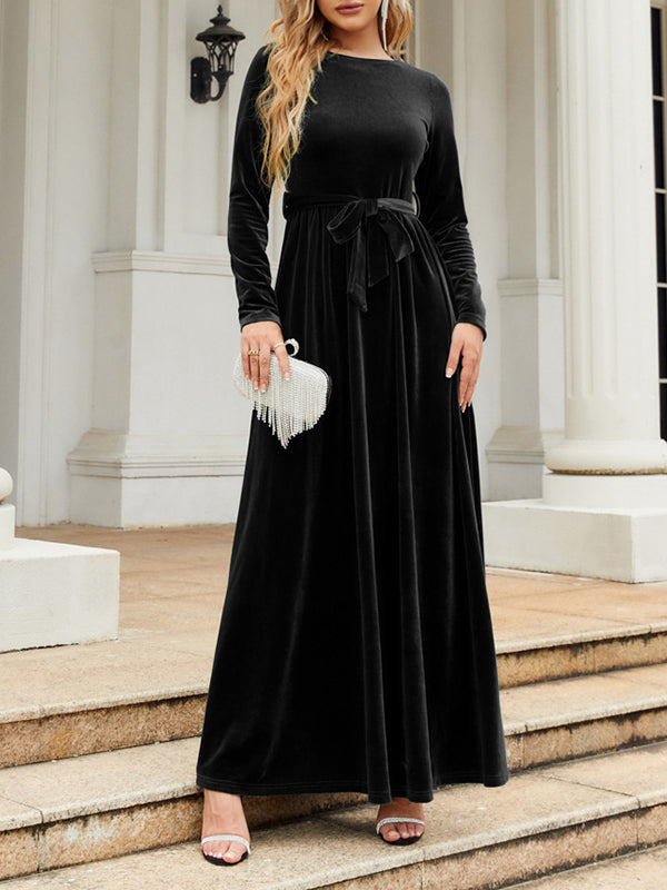 xakxx Long Sleeves Wrap Belted Pleated Solid Color Zipper Round-Neck Maxi Dresses